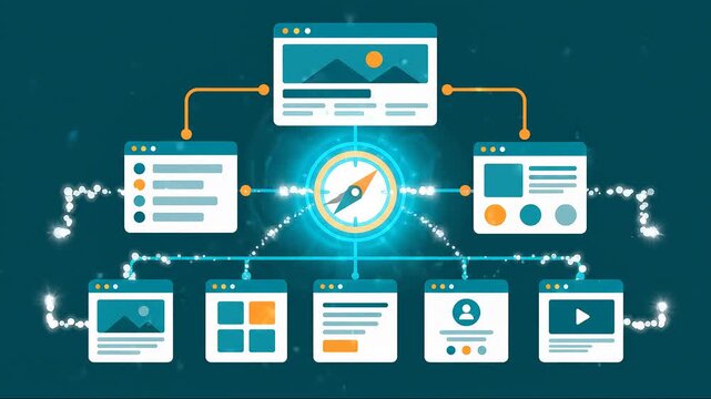 Modern vector illustration of schematic website sitemap flowchart with navigation compass icon for web architecture planning and user experience design hierarchy concept.