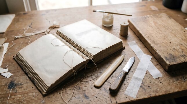 Artisan bookbinding craft table with open stitched blank journal bone folder cutter paper strips spool thread glue paste jar brush on rustic workbench