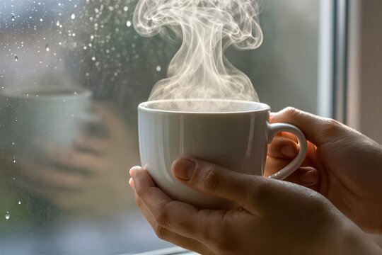 Captures Close Of Persons Hands Holding White Ceramic Mug Filled With Hot Beverage As Evidenced By Rising Steam Held Near Window
