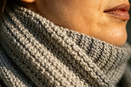Captures Close Of Persons Neck Lower Face Focusing On Chunky Knitted Scarf Wrapped Around To Made Thick Woolen Material With Ribbed