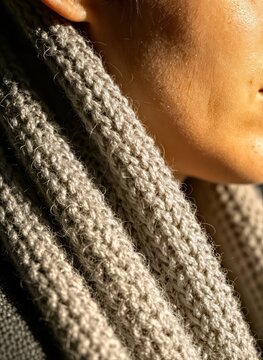 Captures Close Of Persons Neck Chin Focusing On Texture Knitted Scarf Wrapped Around To Made Thick Woolen Material With Chunky Knit