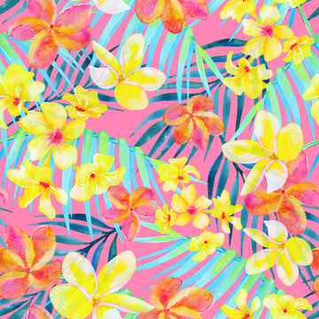 Colorful Hawaiian seamless floral pattern on pink background. Tropical print. Watercolor hand drawn texture. Plumeria flowers and palm leaves.