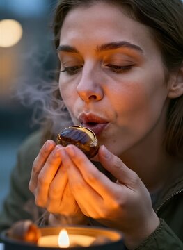 Captures Close Of Young Woman In Act Eating Chocolate Covered Pastry Holding With Right Hand Bringing To Mouth As Savoring Taste Golden