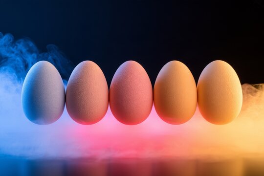 Colorful pastel eggs with blue and pink smoke
