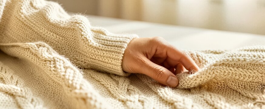 Captures Close Of Persons Hand Delicately Touching Chunky Knit Sweater In Light Beige Cream Color With Texture Soft Woolen Material