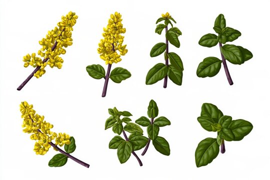 Yellow flowering botanical sprigs on white