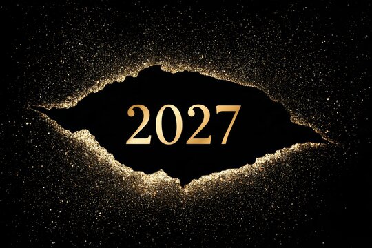 Gold 2027 numerals in a dark torn paper opening