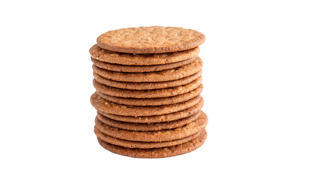 Tall stack of classic round crispy golden biscuits cookies, isolated on transparent background.