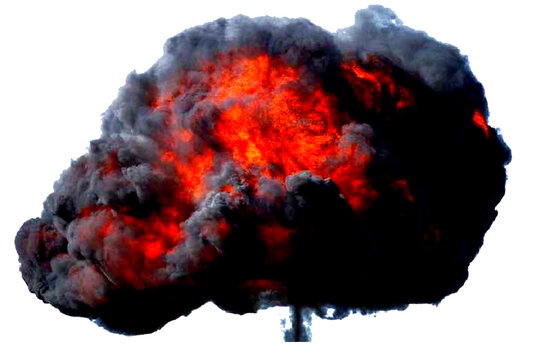 Large fire explosion with black smoke and flames isolated on white background, explosion effect 4k
