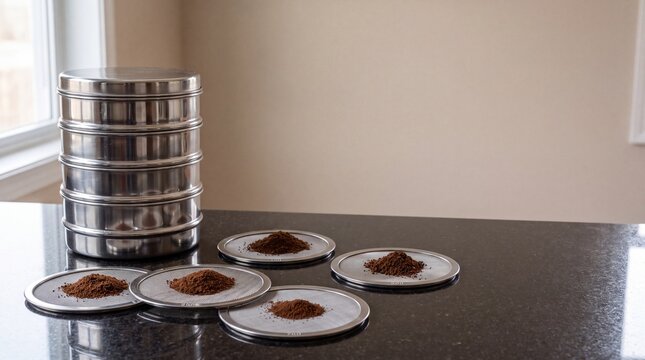 Stainless steel coffee sieve sifter tower with sorted micron ground coffee piles on black granite counter
