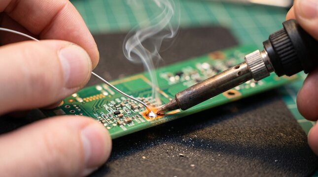 Soldering electronic circuit board photo. Person using soldering iron with smoke rising from solder wire on green PCB component. Technical repair and manufacturing photography.