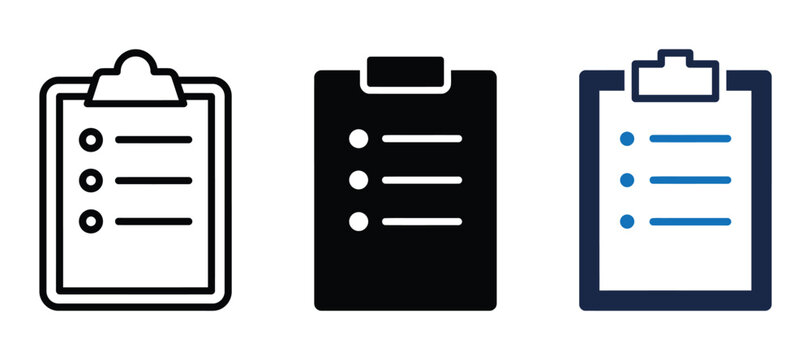 Clipboard checklist icons with bullet points in simple outline solid navy blue styles on white