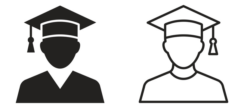 Graduation Cap Icon with Tassel in Solid Fill and Outline Forms on White Background
