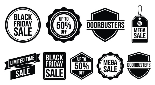 Black Friday sale badges with discount offers and doorbuster labels in vector illustration style
