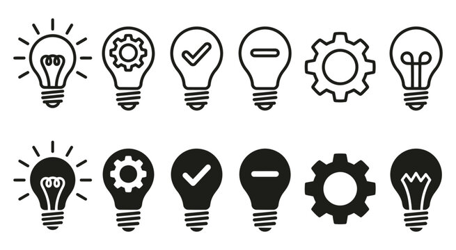 Lightbulb and Gear Icons with Checkmarks and Minus Signs in a Simple Vector Illustration Style