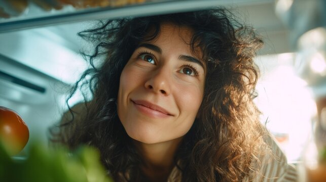 Joyful woman discovering fresh ingredients in her refrigerator with a smile on her face inspired by healthy living and culinary adventure. Generative AI