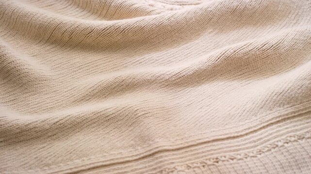 Slow motion close up of knitted fabric rippling and shifting on beige blanket surface in bedroom setting