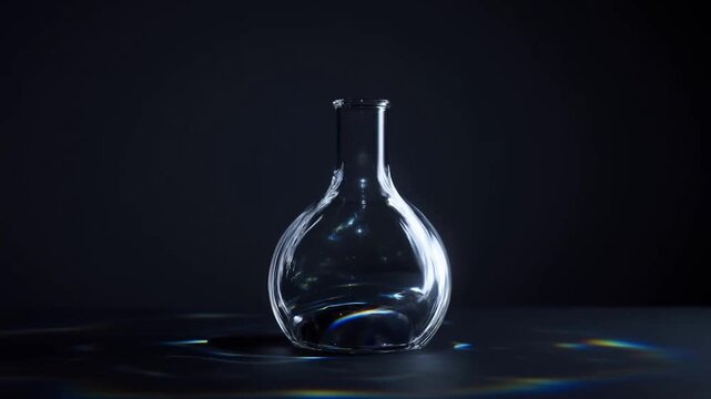 Slow motion static shot of glass flask rotating with shifting light reflections on dark studio table