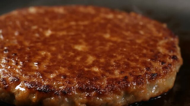 Slow motion close up of beef burger patty sizzling and browning on hot griddle with oil and steam in professional kitchen