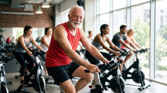 Smiling senior man riding a stationary exercise bike in a group indoor cycling class at a modern gym.