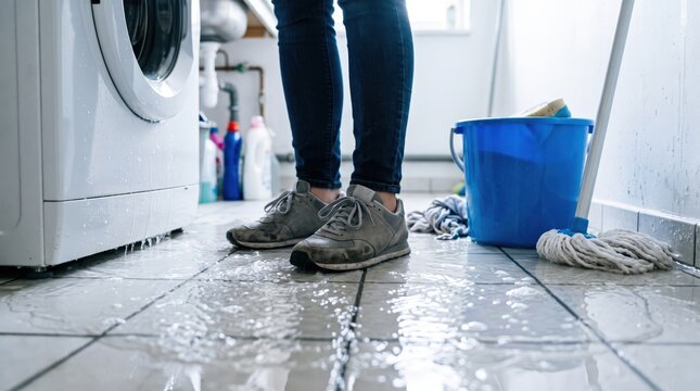 Standing water spilled from a leaking washing machine on a tiled bathroom floor near a mop and bucket.