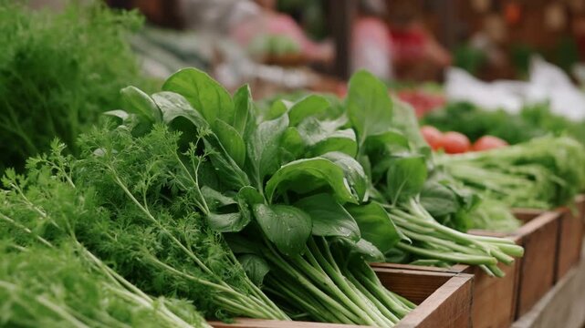 Static shot of fresh leafy greens arranged on wooden market stall with shoppers blurred in background