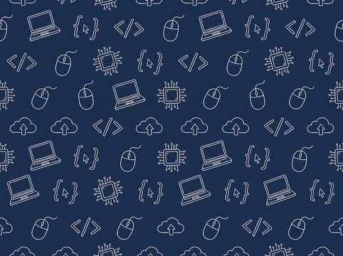 A seamless pattern of technology-related icons on a dark blue background, featuring laptops, computer mice, clouds, and coding symbols.