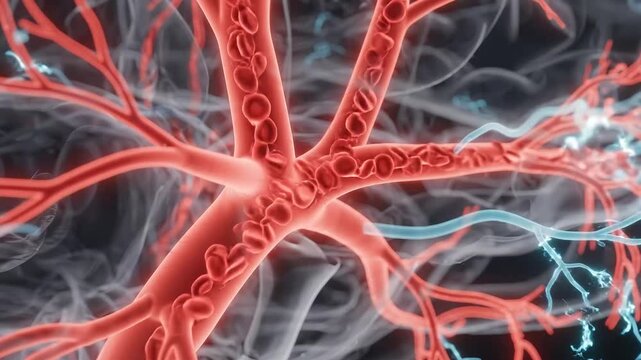 Microscopic view of red blood cells flowing through human blood vessels.