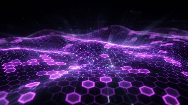Neon hexagon grid landscape, glowing purple digital wave, futuristic technology mesh