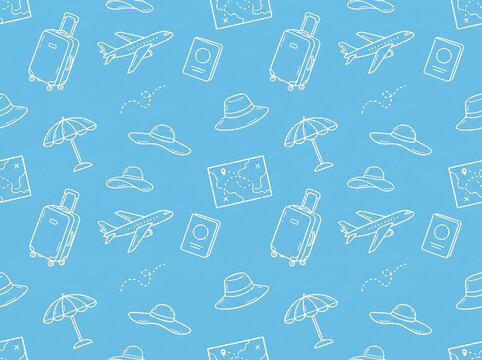 A whimsical doodle pattern featuring travel essentials like suitcases, airplanes, passports, maps, and sun hats on a vibrant blue background.