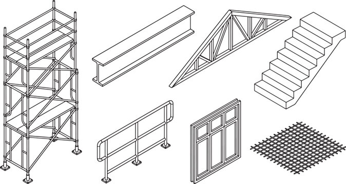 Set of architectural construction elements including scaffolding steel beam roof truss stairs railing window and grid mesh