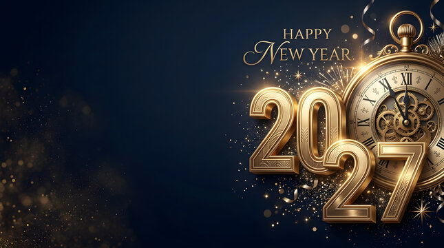 Elegant happy new year 2027 design featuring golden numbers a pocket watch and a luxurious dark blue background for festive celebrations and