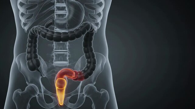 Human Colon Anatomy Animation - Glowing Highlight Moving Through Large Intestine Segments - 3D Medical Visualization 4K Footage