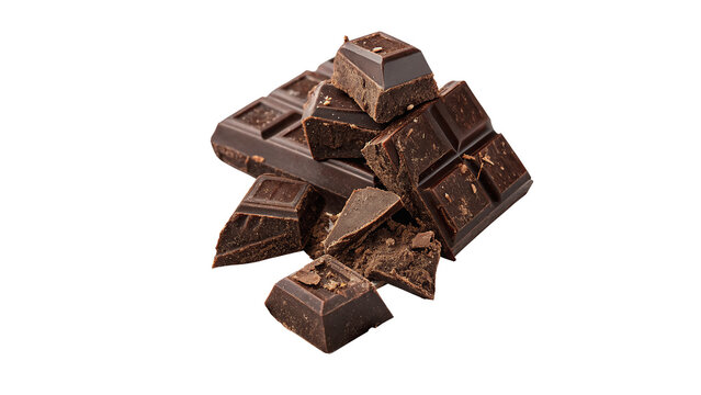 A heap of broken dark chocolate chunks confectionery ingredient isolated on white background