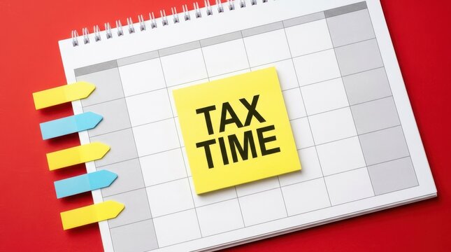 Tax time message on yellow sticky note over white calendar grid on red background for financial planning goals.