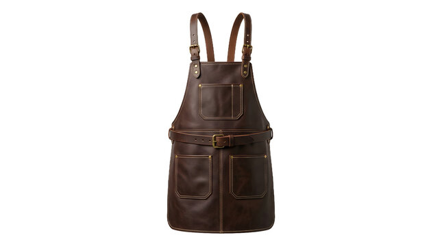 Professional dark brown leather apron with adjustable straps and multiple pockets, isolated on transparent background
