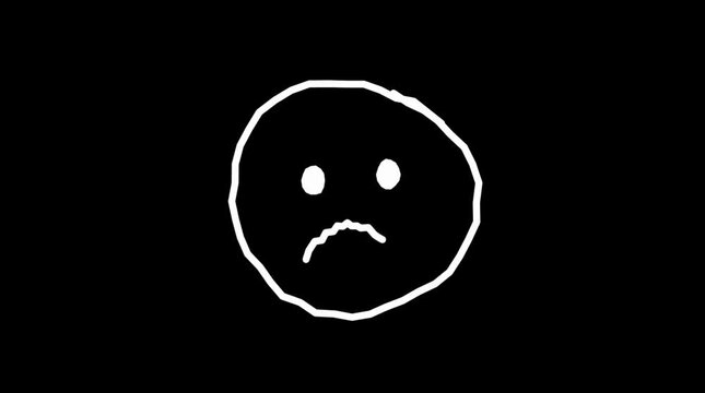 Simple white doodle sketch circle transforming into a sad face emoticon on a solid black background