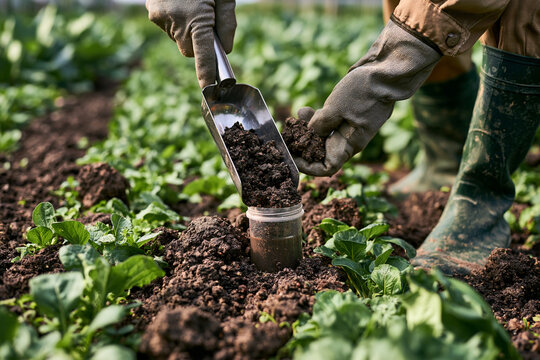 Field researcher collecting tropical farm soil sample for environmental parasitology and rural sanitation exposure assessment