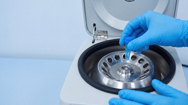 Gloved hand holding a specimen tube over a centrifuge rotor with numbered sample wells. Medical laboratory equipment for clinical analysis and blood sample processing.