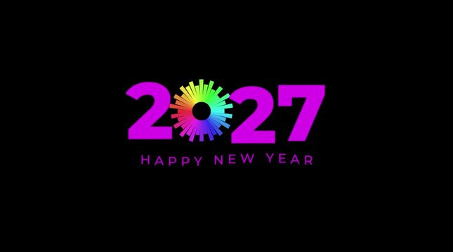 Happy new year 2027 glowing text graphic with vibrant colorful rotating digital sunburst icon on dark background