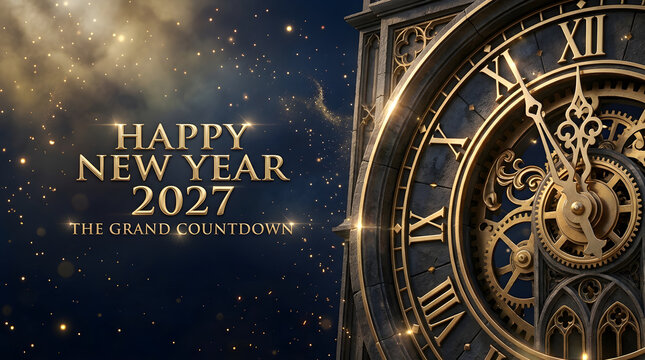 Elegant happy new year 2027 design featuring a golden clock and sparkling dark blue background perfect for festive celebrations and luxurious greetings