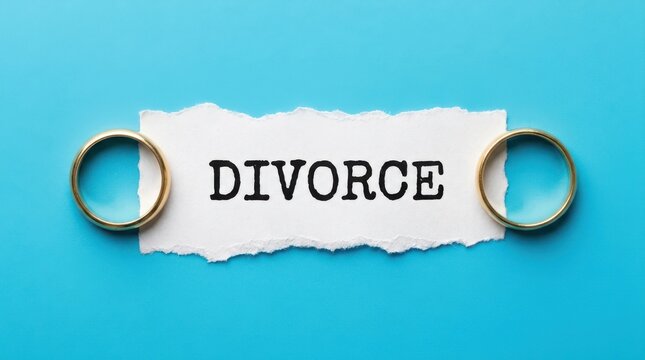 Torn white paper strip with divorce text placed between two gold wedding rings against vibrant blue background.