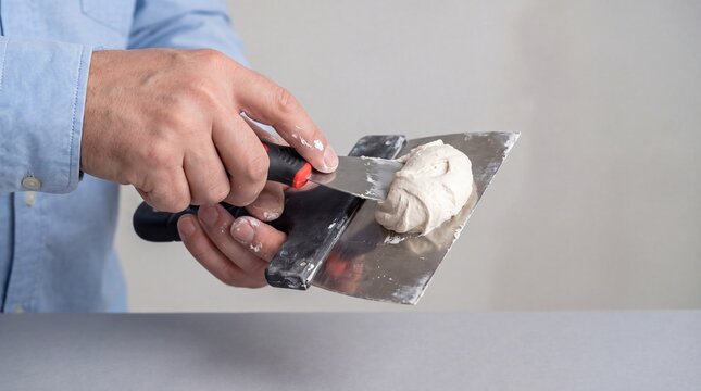 A man in a light blue shirt holds a putty knife with white spackling compound on a metal palette. The construction tool is positioned against a neutral gray background.