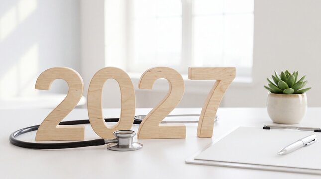 Wooden numerals 2027 displayed on a bright white desk with a stethoscope, potted succulent plant, and medical paperwork in a modern office setting.