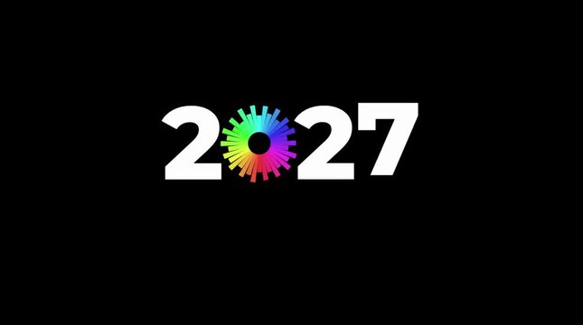 Colorful new year 2027 glowing text typography graphic design template with vibrant rainbow circle icon symbol