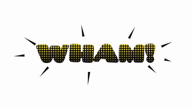 Dynamic comic book style yellow halftone letters spelling out wham against white background with black lines