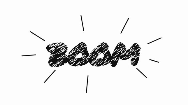Hand drawn boom text lettering with comic style radiating lines against white background vector