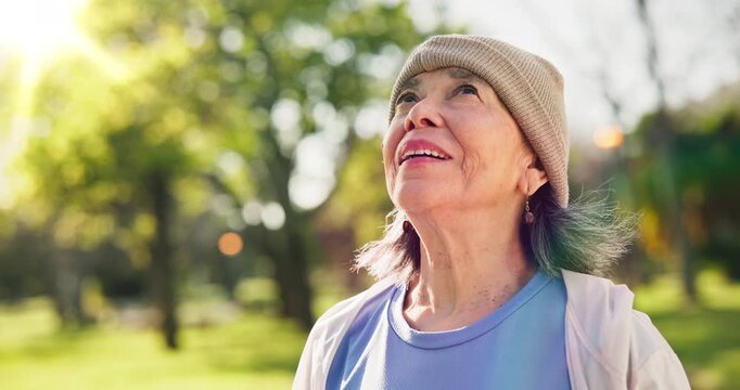 Thinking, nature and fitness with senior woman, fresh air and daydreaming for morning exercise. Smile, old person and vision in park with breeze, positive mindset and training for healthy lifestyle