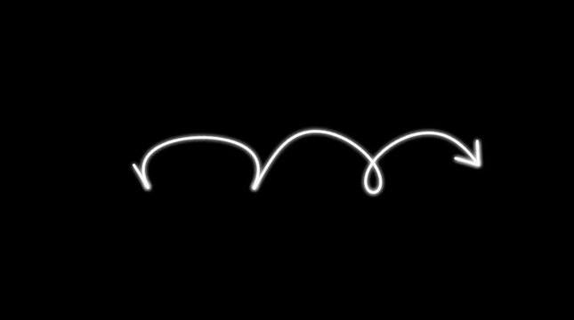 White neon arrow drawing itself across a solid black background creating an animated graphic element