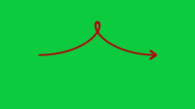 Red hand drawn curved arrow pointer looping and forming a directional sign against green screen background